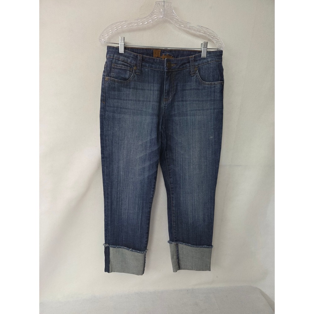 Kut from the Kloth Catherine Boyfriend Jeans 6 Dark Wash Cropped Raw Edge Cuffed